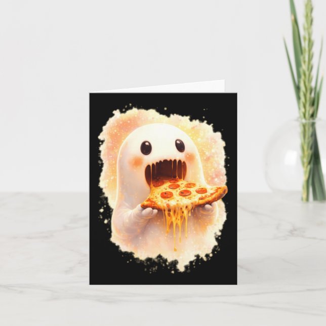 Söt Pizza Spöke Äter Pizza Rolig Halloween Mat Kort (Framsida)