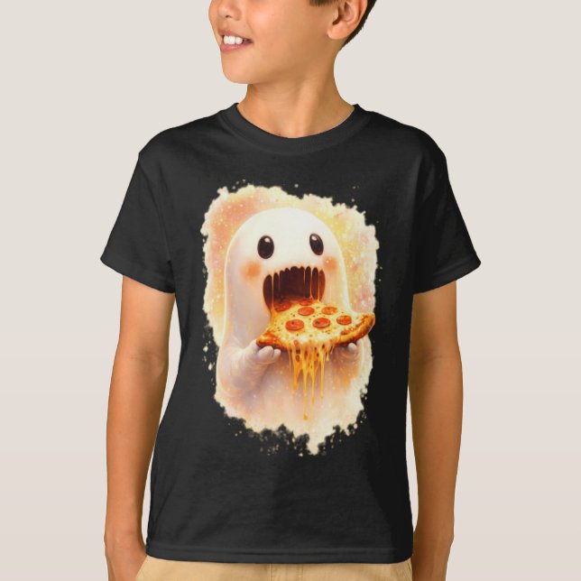 Söt Pizza Spöke Äter Pizza Rolig Halloween Mat T Shirt (Framsida)