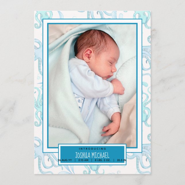 Söt pojkbebis bläckfisk havsjöliv födelseannons meddelande (Framsida)