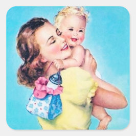 Söt pojke baby Mamma-retro vintage Square Sticker Fyrkantigt Klistermärke