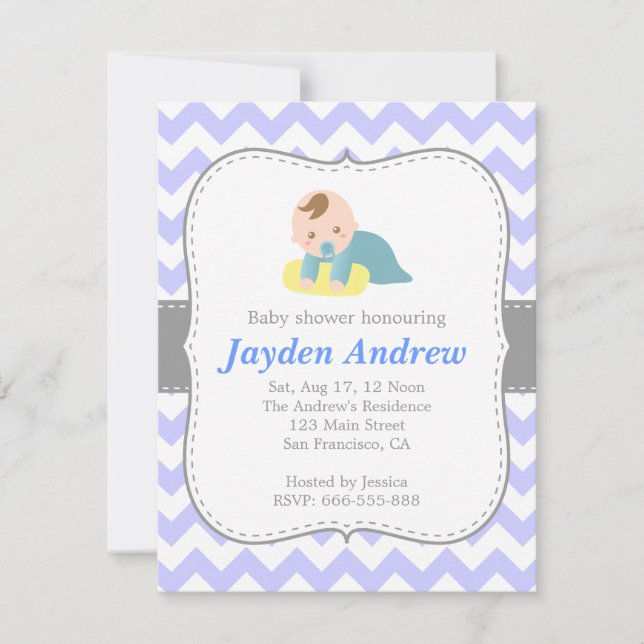 Söt pojke baby shower, blå och vit Chevron Inbjudningar (Framsida)