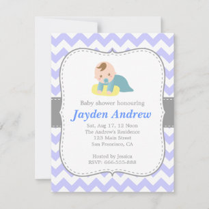 Söt pojke baby shower, blå och vit Chevron Inbjudningar