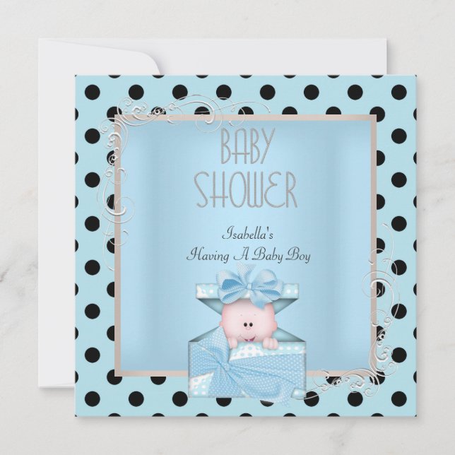 Söt pojke baby shower blå vit svart inbjudningar (Framsida)