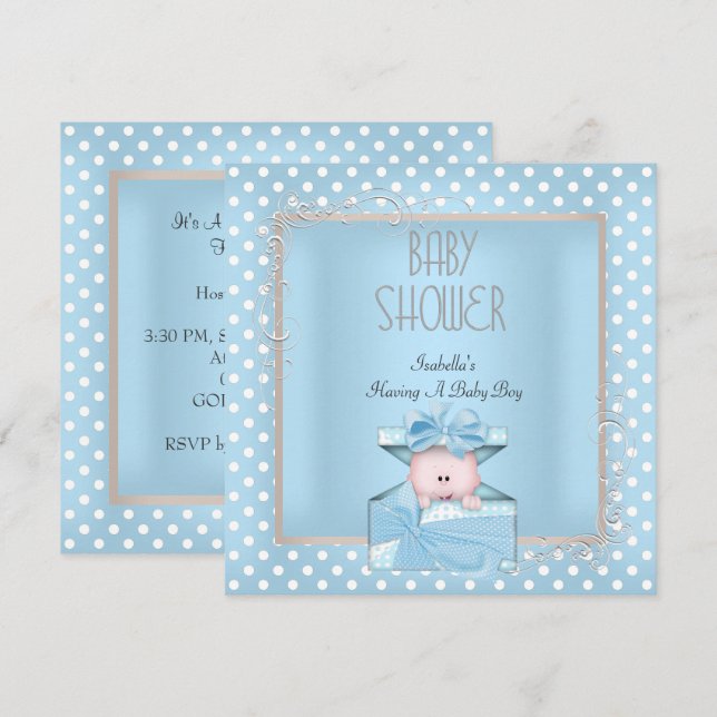 Söt pojke baby shower blå vita prickar inbjudningar (Fram/baksida)