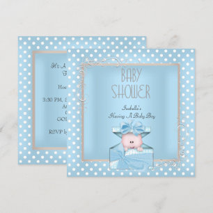 Söt pojke baby shower blå vita prickar inbjudningar