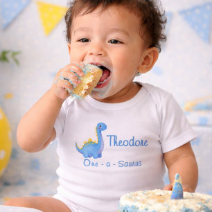Söt pojke blå akvarell En-asaurus 1-års födelsedag T Shirt