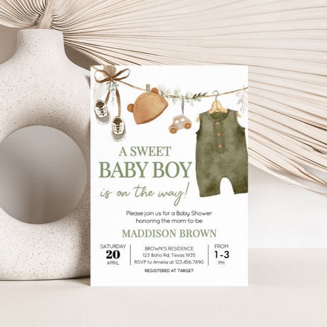 Söt Pojke Boho Clothes Baby Shower Inbjudningar (Boho Clothes Sweet Baby Boy Baby Shower Invitation)