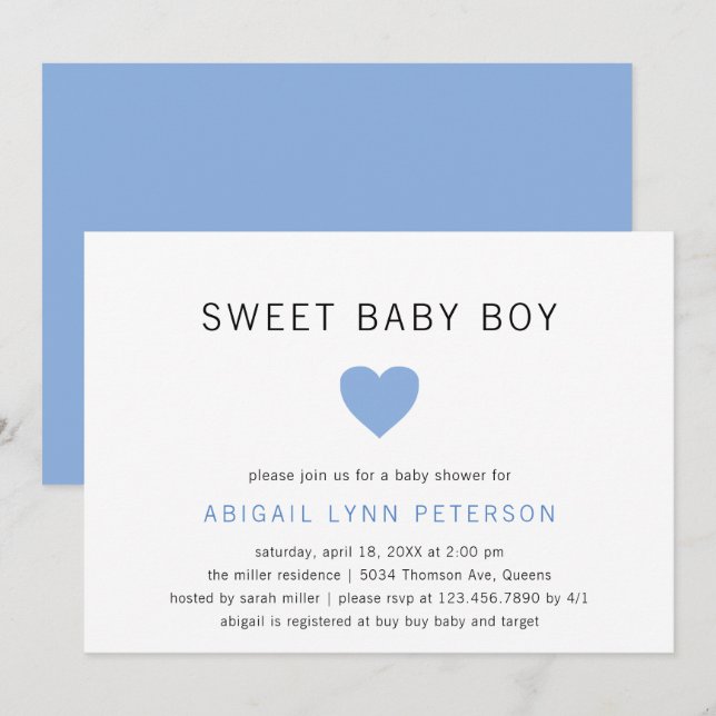 Söt Pojke Cute Pastel Blue Heart Baby Shower Inbjudningar (Fram/baksida)