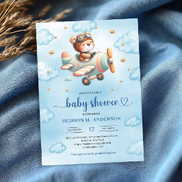 Söt pojke dopsfestinbjudan Teddybjörn Pilot Blå Inbjudningar