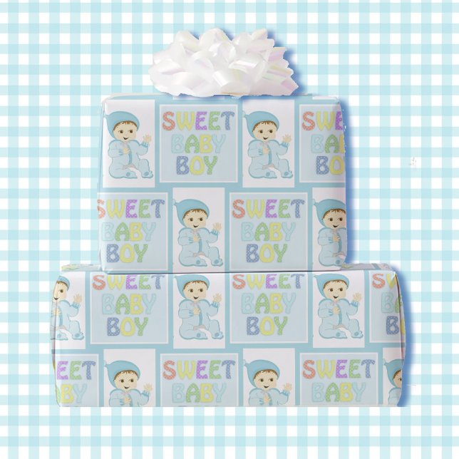 Söt Pojke i Blue Baby Shower Cute Pastel Presentpapper (Skapare uppladdad)