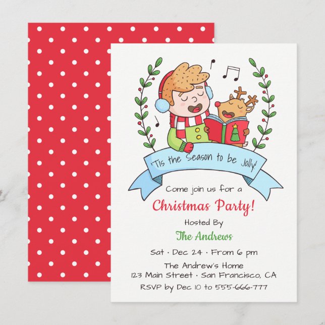 Söt pojke som sjunger och ren julfest inbjudningar (Fram/baksida)