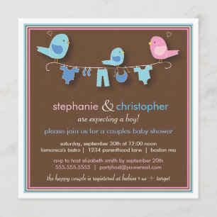 Söt pojke till fågelpar Baby Shower-inbjudan Inbjudningar