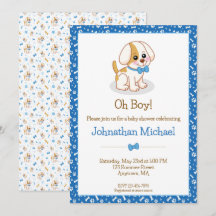 Söt pojkhund blå fluga personlig baby shower