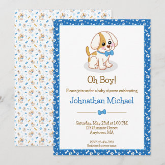 Söt pojkhund blå fluga personlig baby shower inbjudningar