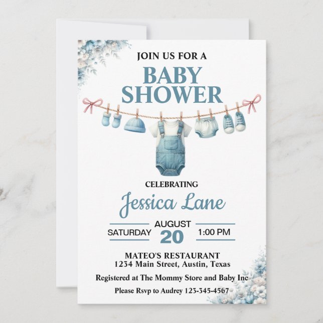 Söt pojkklädstreck baby shower inbjudan (Framsida)