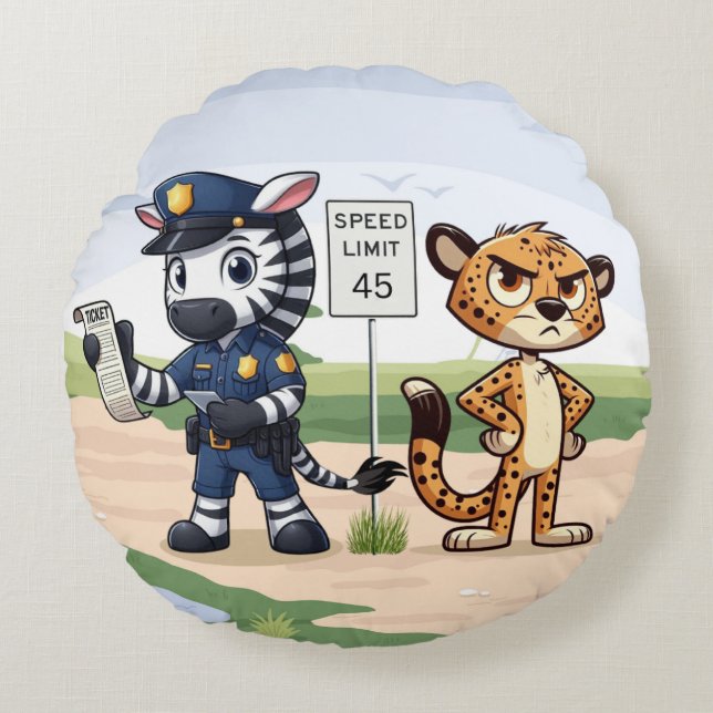 Söt poliszebra och cheetah rund kudde (Framsidan)