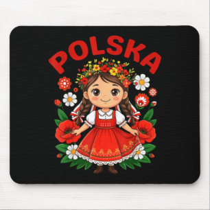Söt Polska Flicka Traditionell Folkdrakt Blommor Musmatta