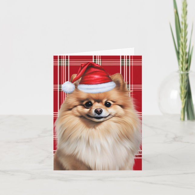 Söt pomerianer jultomte hund röd-vit rutig helgkort (Framsida)
