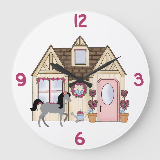 Söt Ponies House Horse Clock Stor Klocka (Framsida)