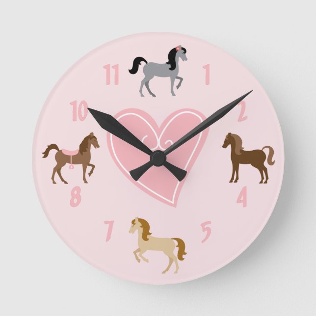 Söt Ponies och Rosa Heart Cute Horse Rund Klocka (Framsida)
