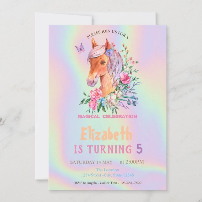 Söt Pony Flowers Holography Birthday Inbjudningar (Framsida)