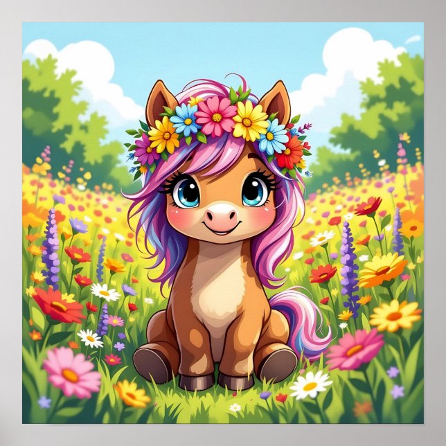 Söt Pony med Flowers Poster (Framsidan)