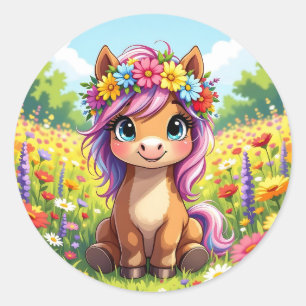 Söt Pony med Flowers Runt Klistermärke