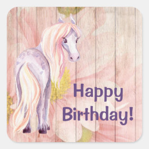 Söt Pony och Daisy Barn Wood Horse Birthday Fyrkantigt Klistermärke