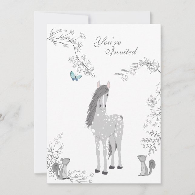 Söt Pony och Squirrels Woodland Horse Birthday Inbjudningar (Framsida)