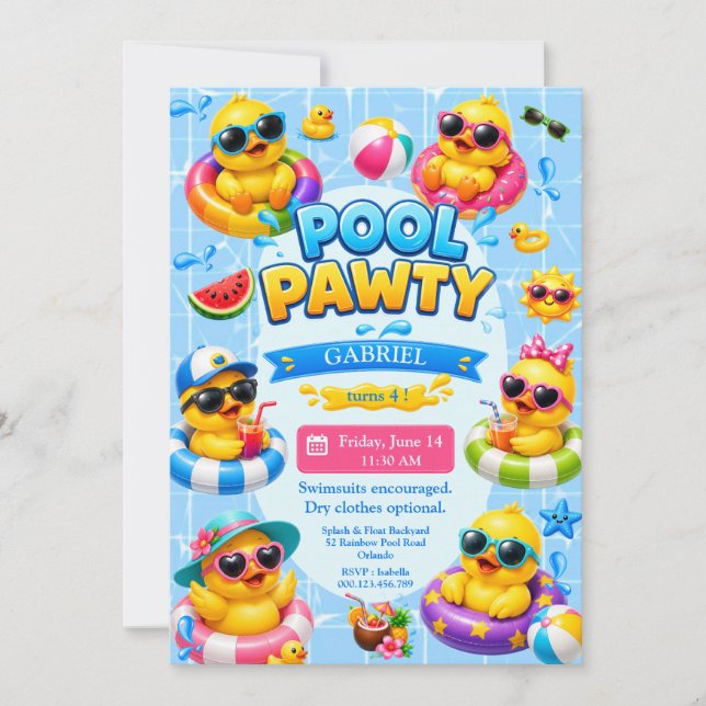 Söt Pool Pawty Anka Barnkalas Inbjudan (Framsida)