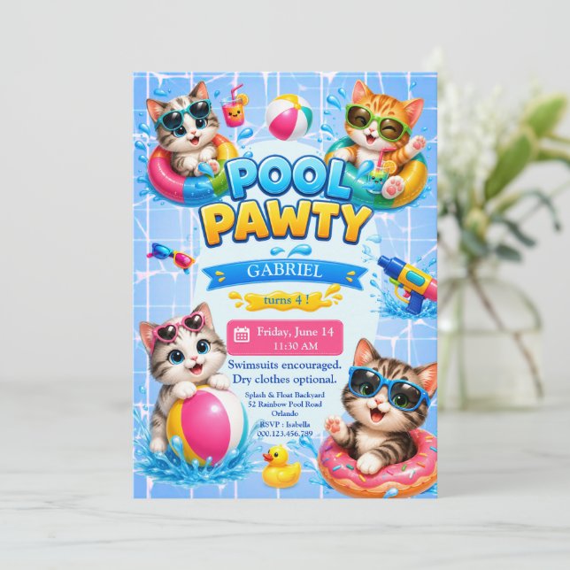 Söt Pool Pawty Katt Barnkalasinbjudan Inbjudningar (Stående Fram)