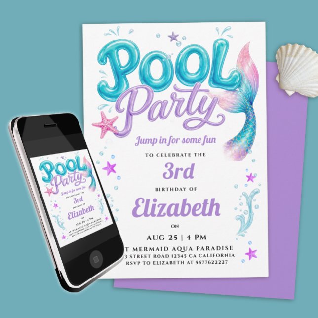 Söt poolparty  Blå lila sjöjungfrustjärt Inbjudningar (Skapare uppladdad)