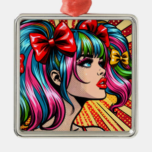 Söt Pop Art Serieteckning Flicka med Slingor Julgransprydnad Metall