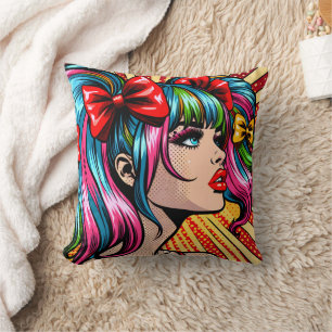 Söt Pop Art Serieteckning Flicka med Slingor Kudde