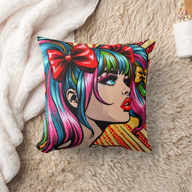 Söt Pop Art Serieteckning Flicka med Slingor Kudde (Filt)