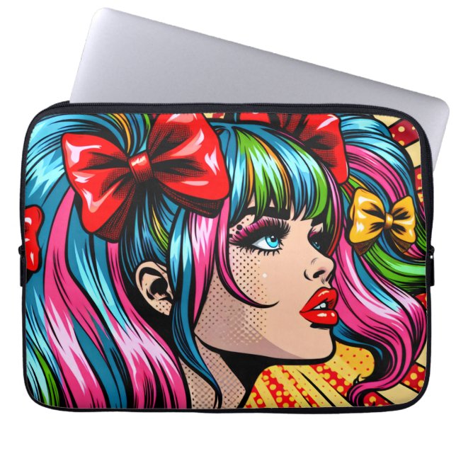 Söt Pop Art Serieteckning Flicka med Slingor Laptop Fodral (Framsidan)