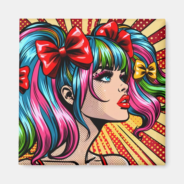 Söt Pop Art Serieteckning Flicka med Slingor Magnet (Framsidan)