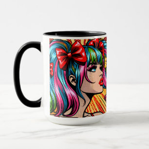 Söt Pop Art Serieteckning Flicka med Slingor Mugg