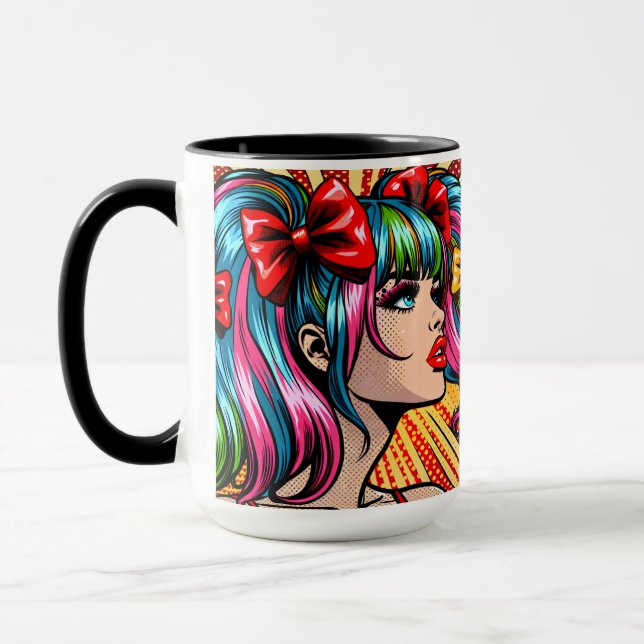 Söt Pop Art Serieteckning Flicka med Slingor Mugg (Vänster)