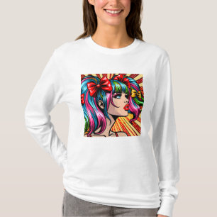 Söt Pop Art Tecknad Girl Colorful Ai Art T Shirt
