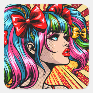 Söt Pop Art Tecknad Girl with Bows Fyrkantigt Klistermärke
