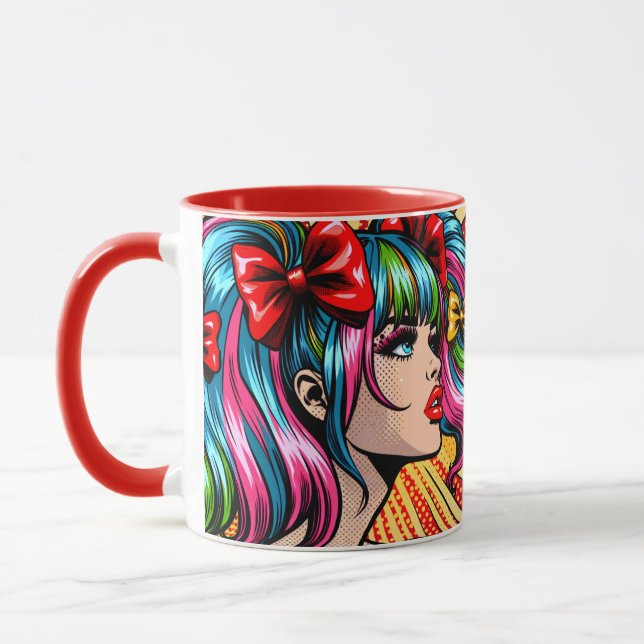 Söt Pop Art Tecknad Girl with Bows Mugg (Vänster)