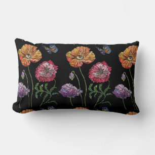 Söt Poppies Black Watercolor Flowers Blommigt Cu Lumbarkudde