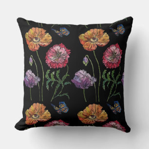 Söt Poppies Black Watercolor Flowers Blommigt Kudde
