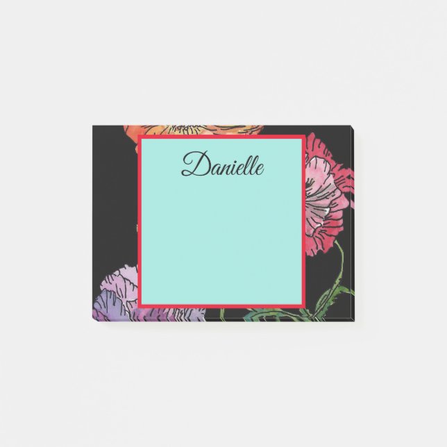 Söt Poppies på färgmålning i svart vattenfärg Post-it Block (Framsida)