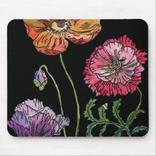 Söt Poppies på färgmålning med svart vattenfärg Musmatta