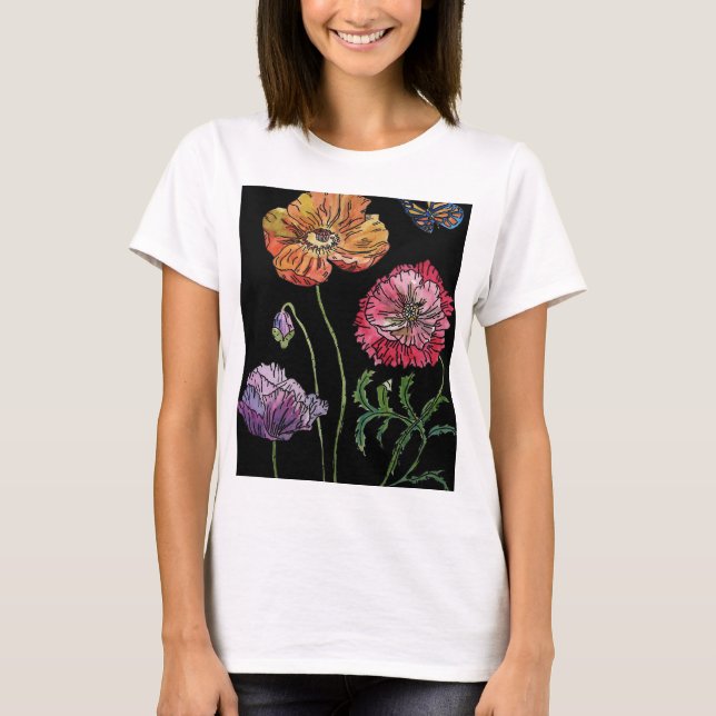 Söt Poppies på färgmålning med svart vattenfärg T Shirt (Framsida)