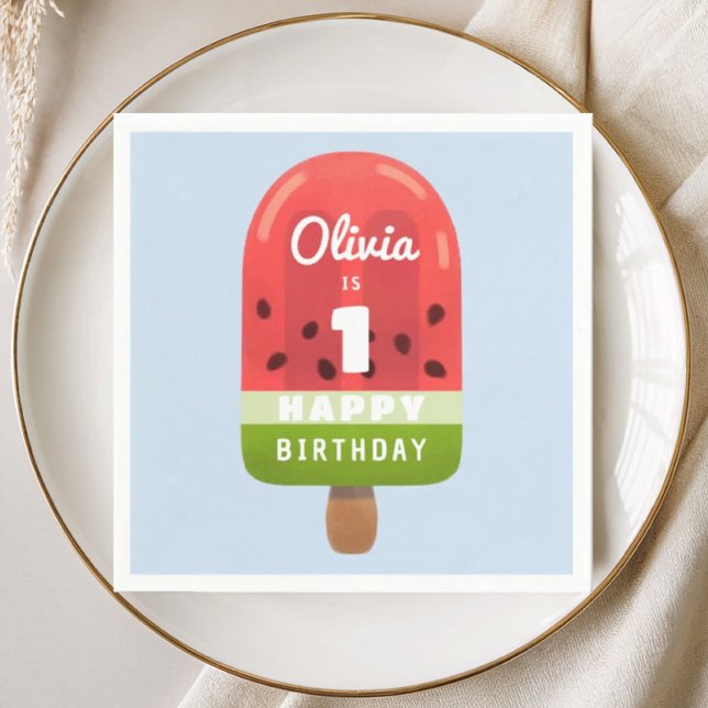 Söt Popsicle av vattenmelon 1-års födelsedag Pappersservett (Cute Watermelon Popsicle 1st Birthday Napkins)