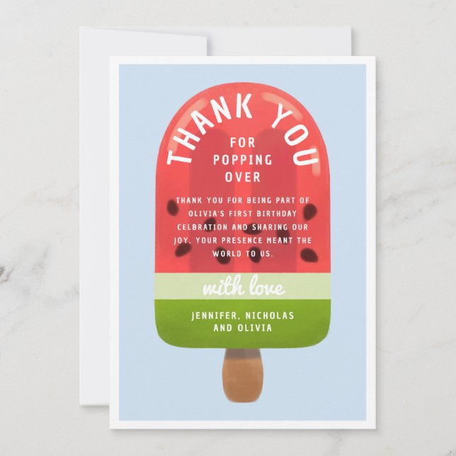 Söt Popsicle av vattenmelon Första födelsedag Tack Kort (Framsida)