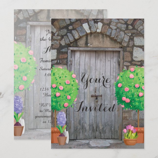 Söt Poted Garden Old Wood Door Family Reunion Inbjudningar (Fram/baksida)